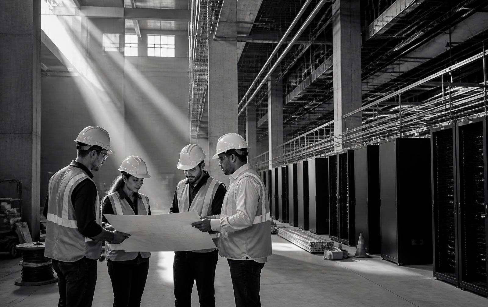 Vulcan field teams reviewing drawings inside a data center under construction